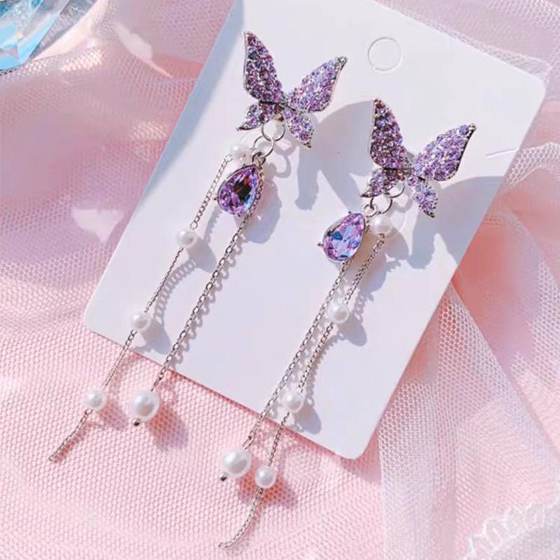 Aretes Mariposa Morada con Perlas y Cristal Gota — Largos Colgantes