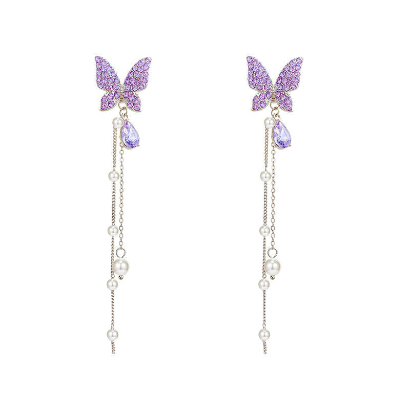Aretes Mariposa Morada con Perlas y Cristal Gota — Largos Colgantes